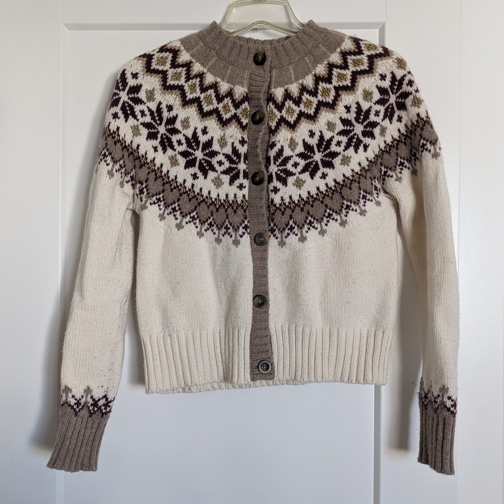 Boden Cream & Brown Fair Isle Wool Cardigan